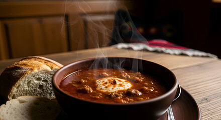 Delicious Bowl of Hot Soup with Bread, a Perfect Meal for a Cozy and Warm Atmosphere