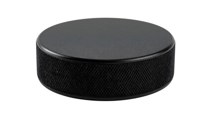 Black hockey puck isolated on the transparent background closeup modern textured equipment for ice hockey sports competition