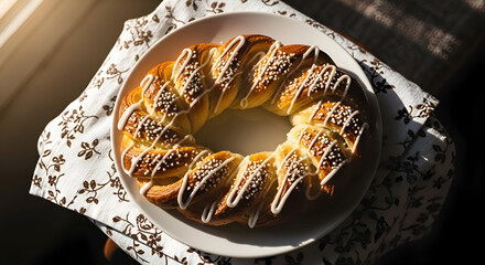 Delicious Braided Sweet Bread Decorated on a White Plate on a Floral Napkin Closeup