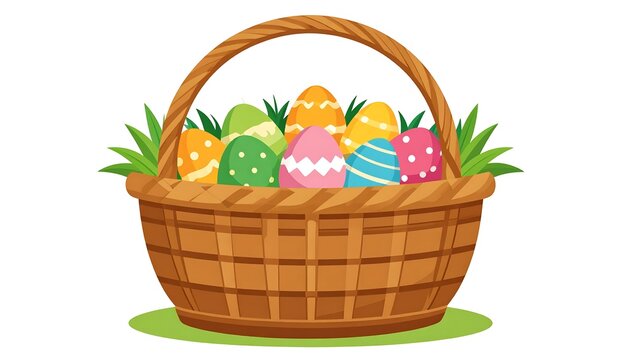 A brown woven basket overflowing with decorated Easter eggs and grass