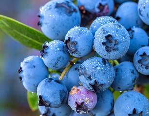 Close-up of dewy, ripe, blue berries clustered on a green branch
