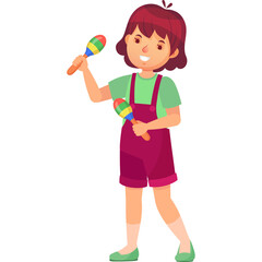 Joyful Young Girl With Brown Hair Playing Musical Instruments With Colorful Maracas On Transparent Background Wearing Burgundy Overalls And Green Shirt
