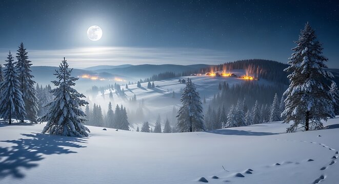 A serene winter landscape under a full moon, with snow-covered pine trees and distant village lights.