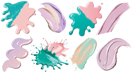 Turquoise pink and lavender paint strokes with pastel splashes arranged on white background forming dynamic collection suitable for abstract templates creative design projects or decorative use