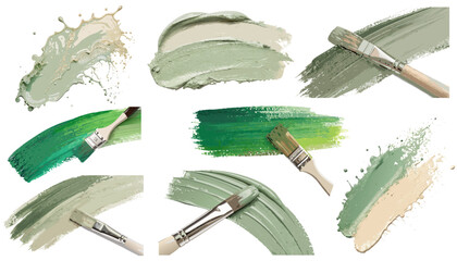 Paintbrushes applying green and beige strokes with splashes on white background forming textured collection suitable for abstract templates decorative projects or creative design compositions