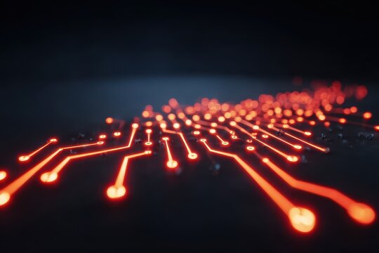 services migration abstract ai circuits glowing in dark background illustrating monitoring recovery feedback inspection networking planning testing energy flow