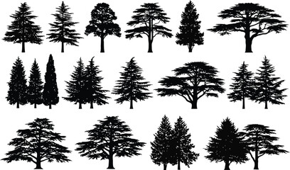 Vector art of collection of various tree silhouettes