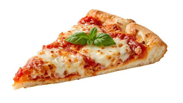 Classic margherita pizza slice with fresh basil, melted mozzarella and tomato sauce isolated on the transparent background