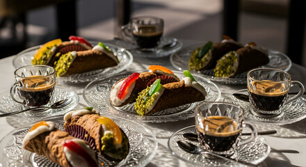 Fototapeta premium Delicious Cannolis and Espresso: A Sweet and Savory Treat on a Bright Table