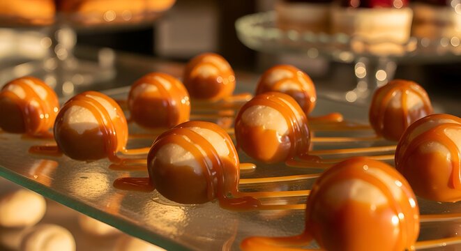 Delicious caramel candy balls, a dessert prepared on a glass surface for a great presentation