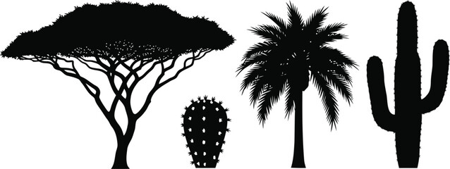 Vector art of silhouette of various desert plants including an acacia tree, palm tree, and cactus