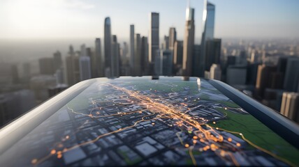 Futuristic city map with digital navigation interface and modern skyscrapers
