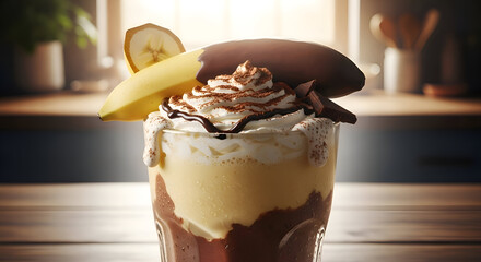 Delicious banana split ice cream dessert in a glass, with multiple ingredients