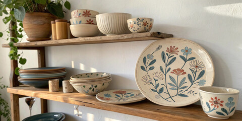 Hand painted talavera pottery with plates bowls and mug arranged on rustic wooden shelves suitable for mexican craftsmanship projects cultural heritage visuals kitchen decor branding, design templates