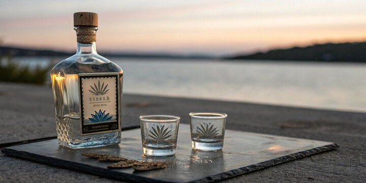 Tequila bottle with shot glasses orange slice and agave leaves on slate tray at sunset suitable for mexican beverage culture projects alcohol branding bar menu designs and promotional templates - Powered by Adobe