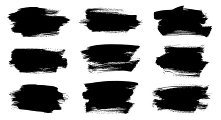 Nine Black Textured Brush Strokes Isolated on a White Background for Design Elements and Graphic Resources