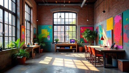 Fototapeta premium Vibrant Artist Community in Repurposed Industrial Building Large Windows, Colorful Studios, Creative Atmosphere