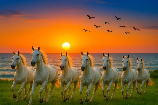 Seven White Horses Galloping on Green Meadow Under Colorful Sky Ai Genreted Photo 