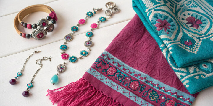 Handmade textile jewelry and accessories with traditional mexican design on wooden surface suitable for cultural heritage projects craftsmanship visuals fashion branding and decorative templates