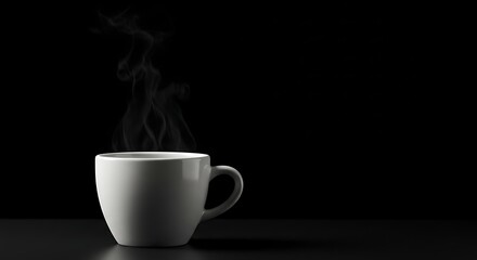 Steaming white coffee cup against black background minimalist still life