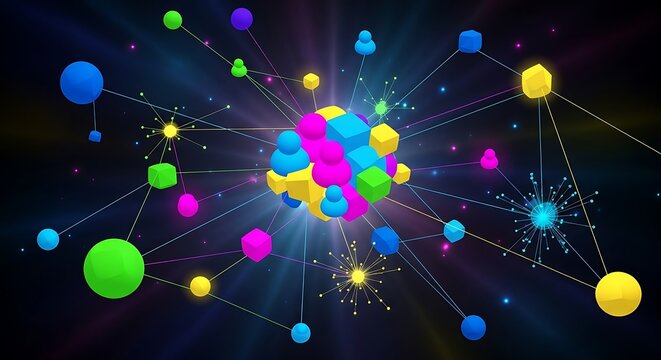 Abstract Network of People and Geometric Shapes with Glowing Connections
