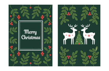Fototapeta premium Traditional corporate holiday card design with Christmas tree, reindeers, birds, ornate floral frames, and copy space for festive greetings