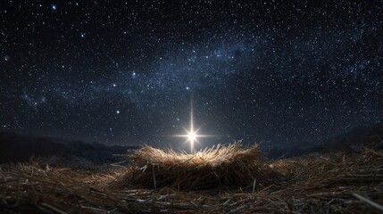 A celestial Christmas scene captures the celestial brilliance of a shining star over an empty manger. ..Created with Generative AI, not depicting real subjects.