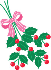 Branch of Holly Berry Sprig with Pink Stripe Bow for Christmas, Evergreen Leaves, Festive Holly with Leaves with Bow illustration