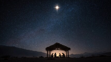 Christmas Night Nativity Scene: Illuminated by the radiant star, the silhouettes of Mary, Joseph, and the infant Jesus gather under the shelter of a rustic stable.. Generative Ai