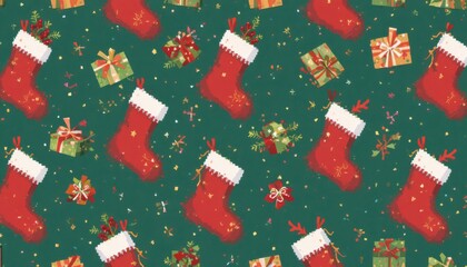 Seamless pixel pattern depicting Christmas stockings and wrapped gifts.