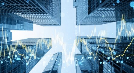 Low angle view of skyscrapers with overlaid financial graph and digital data visualization