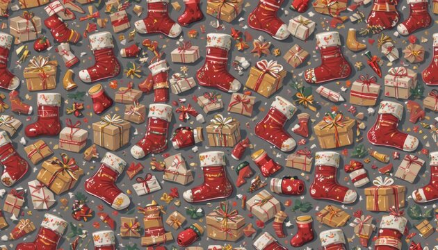 Seamless pixel pattern depicting Christmas stockings and wrapped gifts.