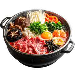 Delicious hot pot with various ingredients, including meat, vegetables, and eggs, in a black pot