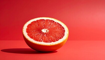 A vibrant, halved citrus fruit rests on a matching red surface. The cut side reveals juicy segments, with strong shadows