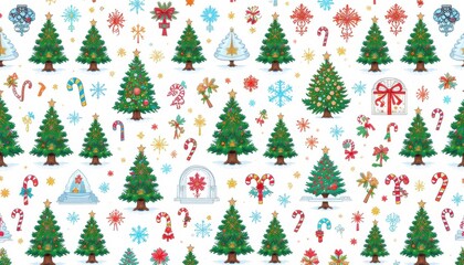 Seamless pattern featuring festive Christmas tree decorations and winter illustration elements like stars, snow, balls, and gifts in green and other colors for a merry holiday season design