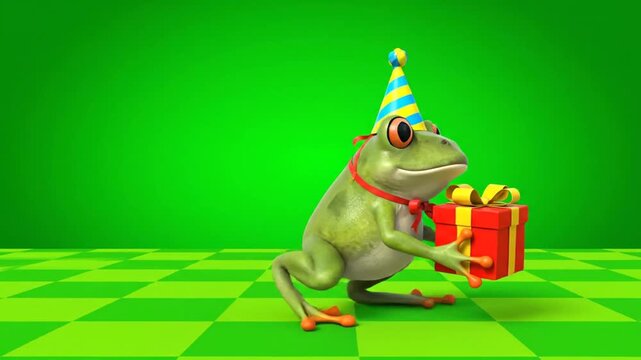 Adorable Cartoon Frog with Party Hat Offering a Red Gift Box with Yellow Bow on Green Checkered Background 3D Render Perfect for Birthday Celebration Themed Projects and Educational Content Featuring