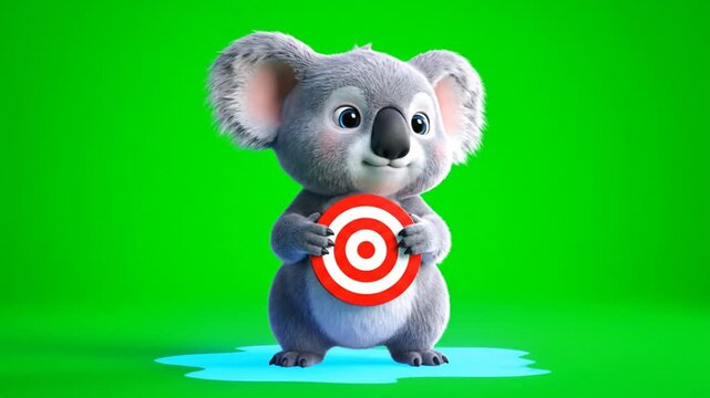 Adorable Koala Mascot Holding Red and White Target Against Green Screen Perfect for Educational Content with Playful Animation and Symbolizing Achievement Featuring Soft Lighting and High Resolution