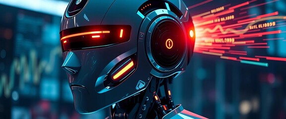 Sleek robot with holographic heads-up display showing data streams, network, cyborg