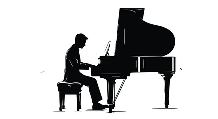 Silhouette of a man playing a grand piano with focus and passion
