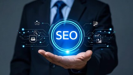 A businessman presents a glowing digital SEO graphic to the viewer. - Powered by Adobe