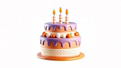 A colorful three-tiered birthday cake topped with candles and decorated with icing and fruit.