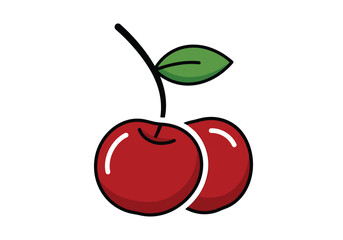 Cartoon Style Fresh Cherry Fruit Illustration with Stem and Leaf Design