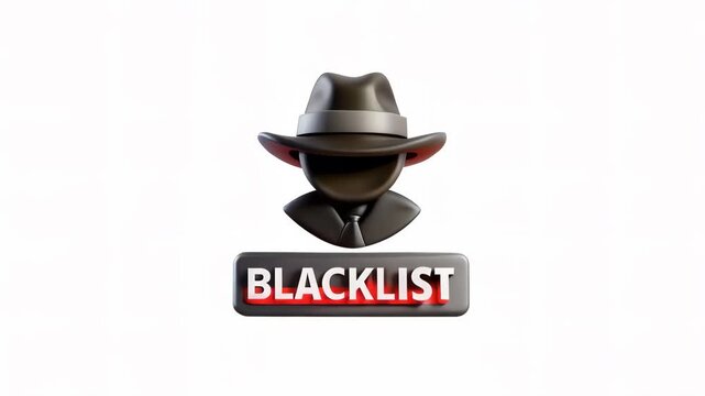 A 3D animated icon of a hat-wearing figure with the word BLACKLIST underneath.
