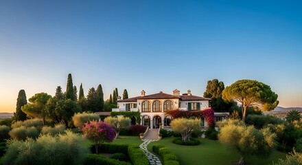 Obraz premium Picturesque villa amidst verdant landscapes at the dawn of a new day