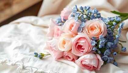 Delicate blush roses and bluebells on faded ivory cotton, subtle texture,  floral print,  vintage fabric