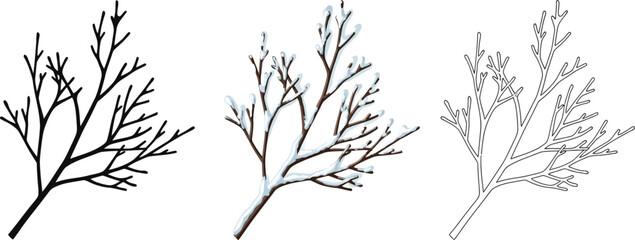 Obraz premium Set of winter tree branches in silhouette, color, and outline styles