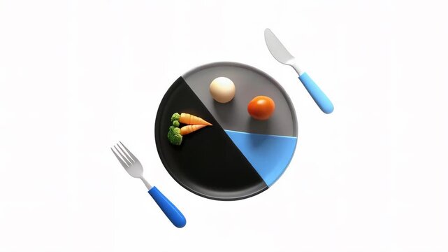 A minimalistic plate design featuring a portion of food including vegetables and an egg, surrounded by utensils.