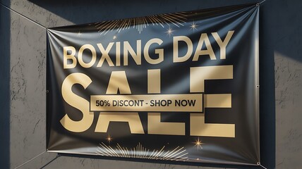 Boxing day sale banner with discount message on wall promoting holiday shopping
