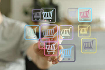 Person selecting shopping cart icons, representing online shopping, ecommerce, digital transactions, and purchase decisions. Perfect for retail,