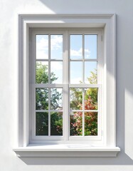 Obraz premium Rectangular window with white frame revealing a sunlit garden view
